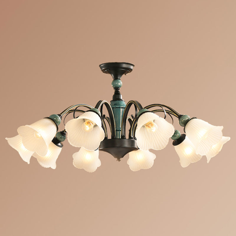 Retro Ribbed Glass Semi Flush Chandelier with Green Flower Shade - Stylish Lighting for Living Room