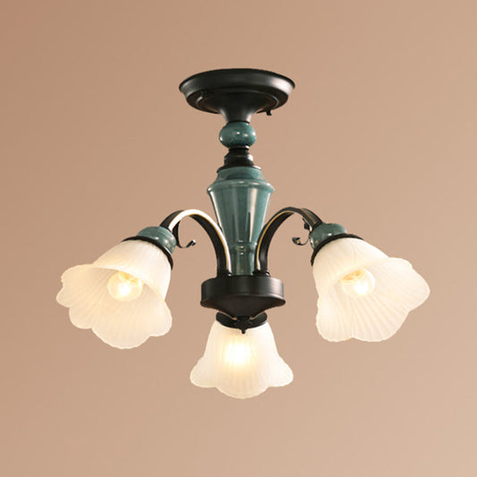 Retro Ribbed Glass Semi Flush Chandelier with Green Flower Shade - Stylish Lighting for Living Room