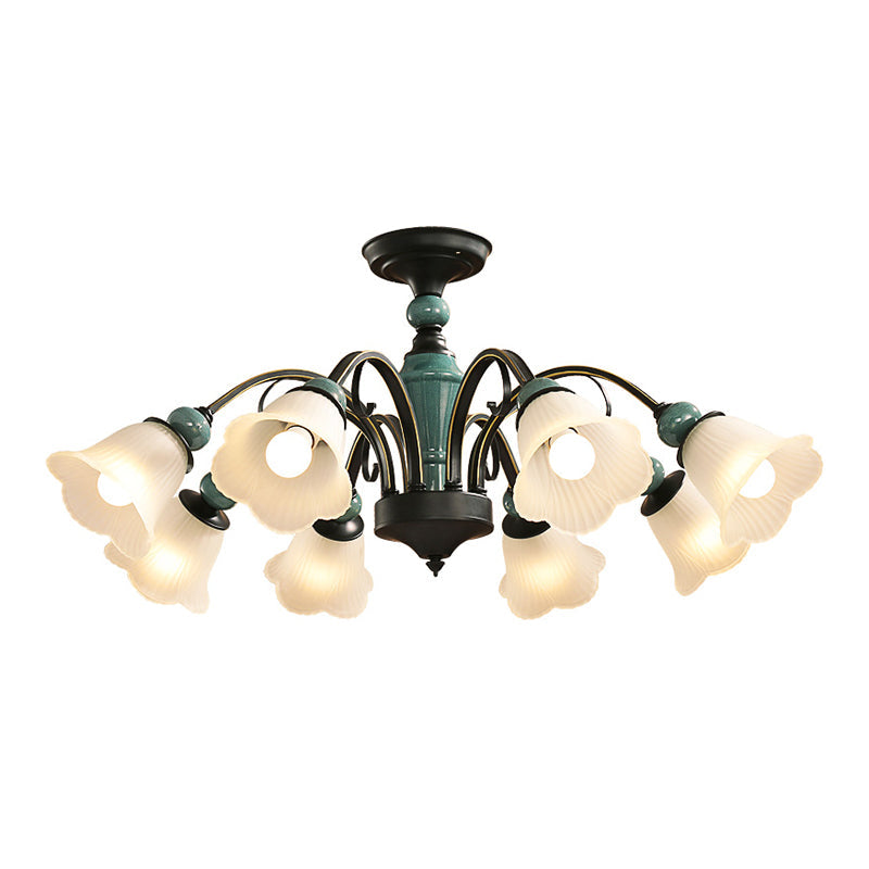 Retro Ribbed Glass Semi Flush Chandelier With Green Flower Shade - Stylish Lighting For Living Room