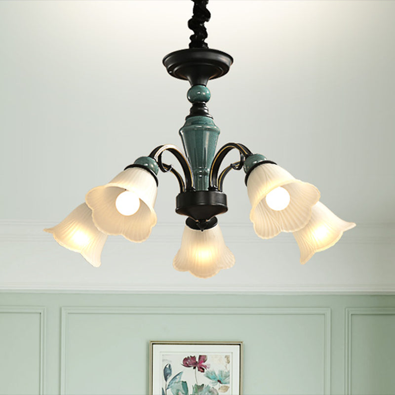 Retro Ribbed Glass Semi Flush Chandelier with Green Flower Shade - Stylish Lighting for Living Room