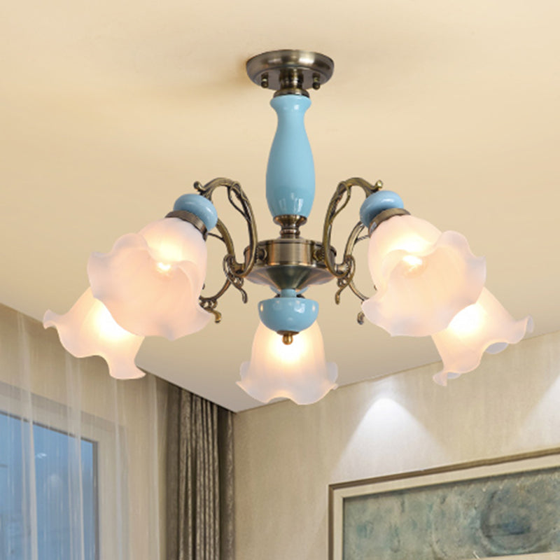 Rustic Floral Semi Flush Mount Chandelier With Ruffle Glass Shades For Dining Room Ceiling 5 / Blue