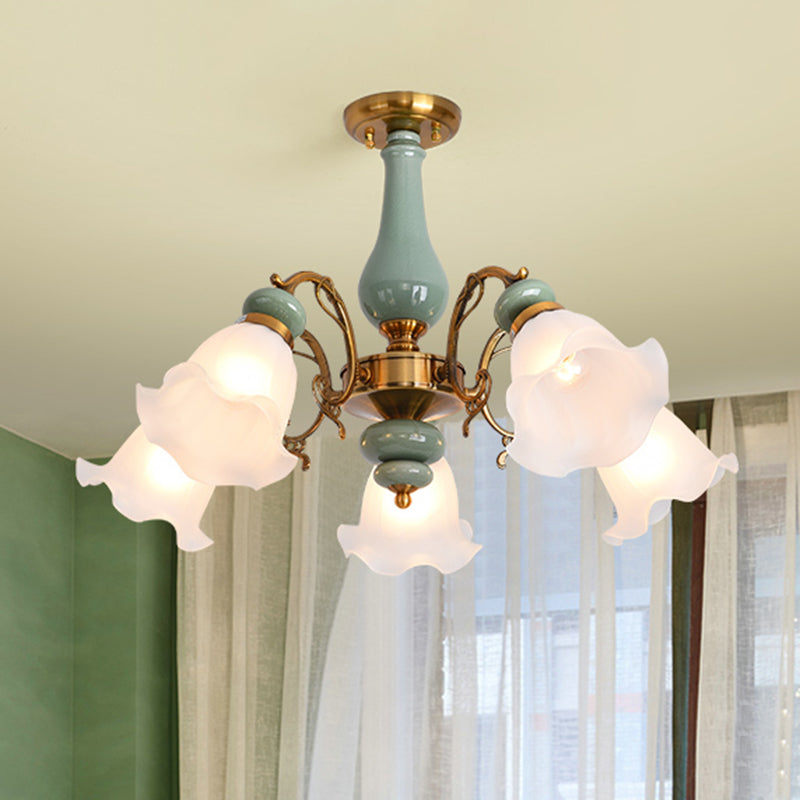 Rustic Floral Semi Flush Mount Chandelier with Ruffle Glass Shades for Dining Room Ceiling
