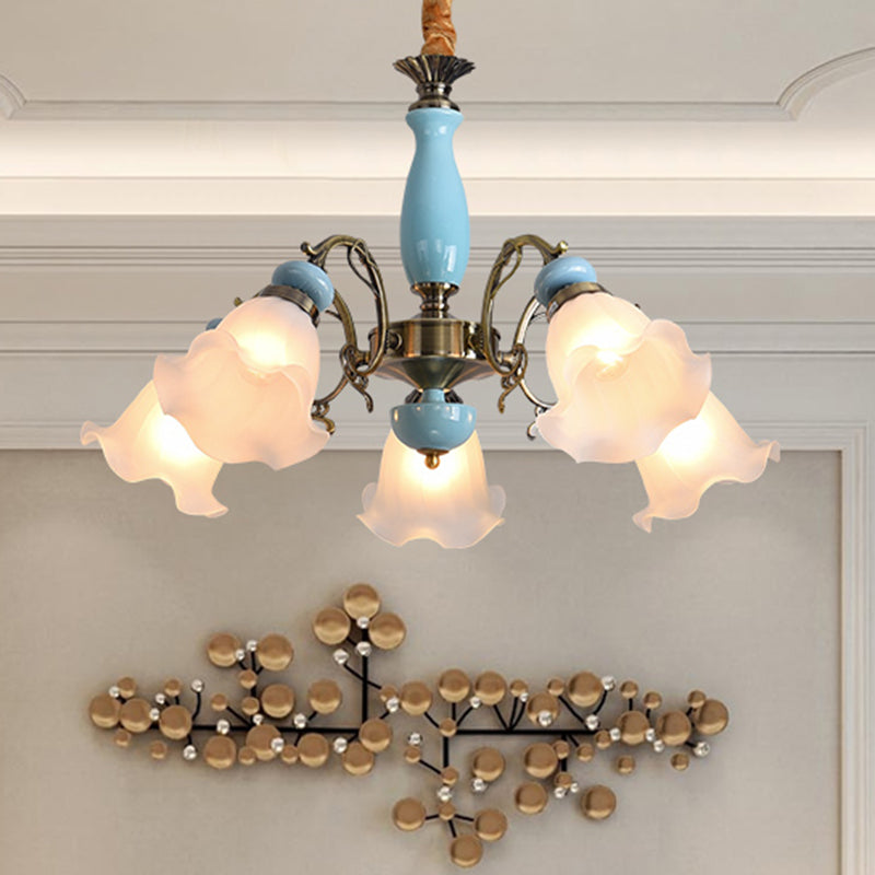 Rustic Floral Semi Flush Mount Chandelier With Ruffle Glass Shades For Dining Room Ceiling