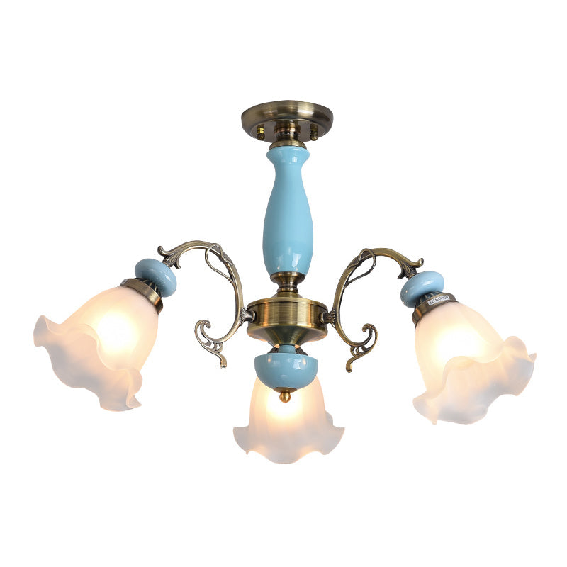 Rustic Floral Semi Flush Mount Chandelier With Ruffle Glass Shades For Dining Room Ceiling 3 / Blue