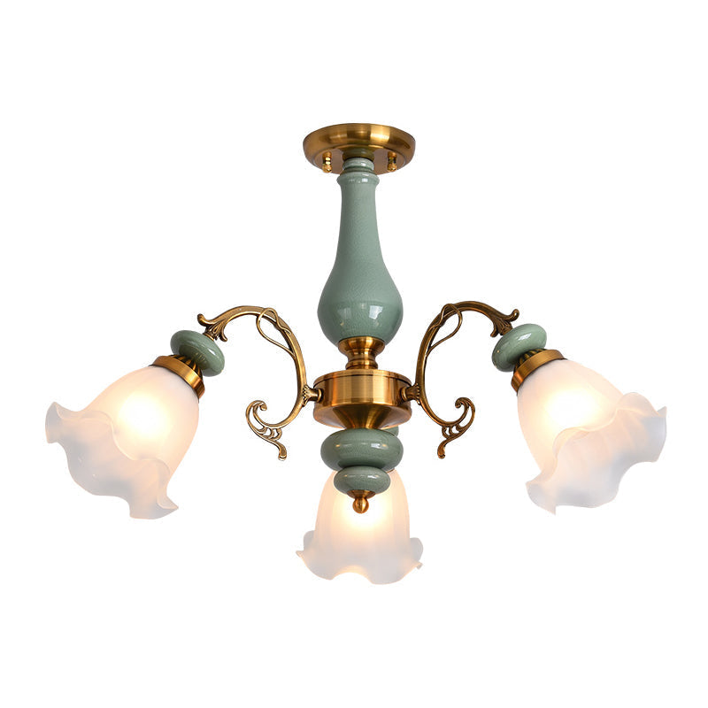 Rustic Floral Semi Flush Mount Chandelier with Ruffle Glass Shades for Dining Room Ceiling