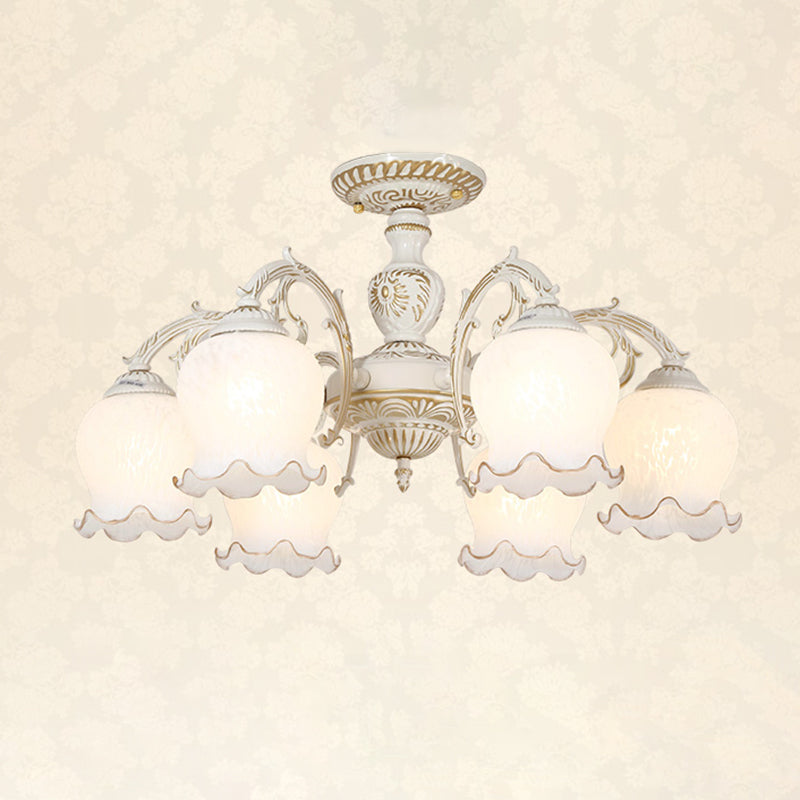 Frosted Glass Flush Mount Chandelier - Bud Shade Classic Living Room Semi Light Fixture 6 / White