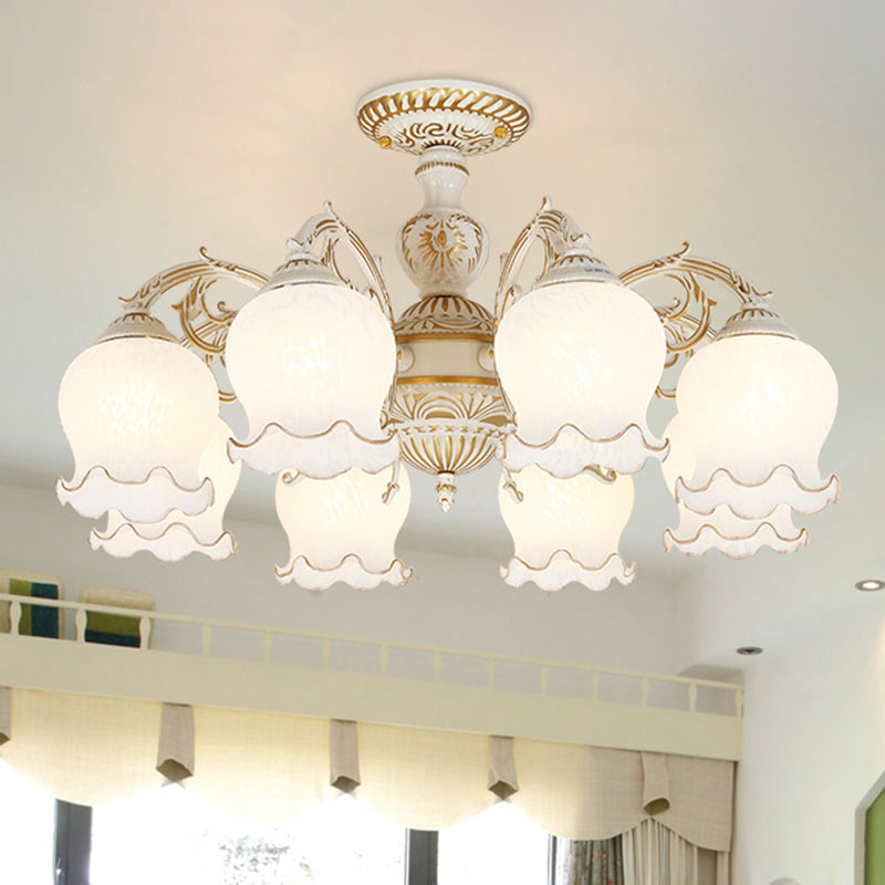 Frosted Glass Flush Mount Chandelier - Bud Shade, Classic Living Room Semi Flush Light Fixture