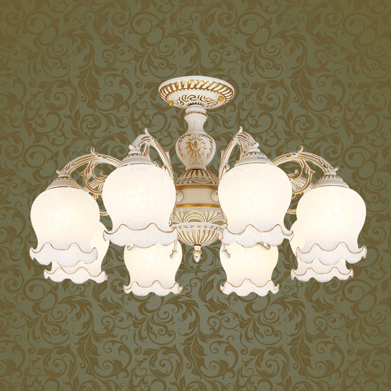 Frosted Glass Flush Mount Chandelier - Bud Shade Classic Living Room Semi Light Fixture