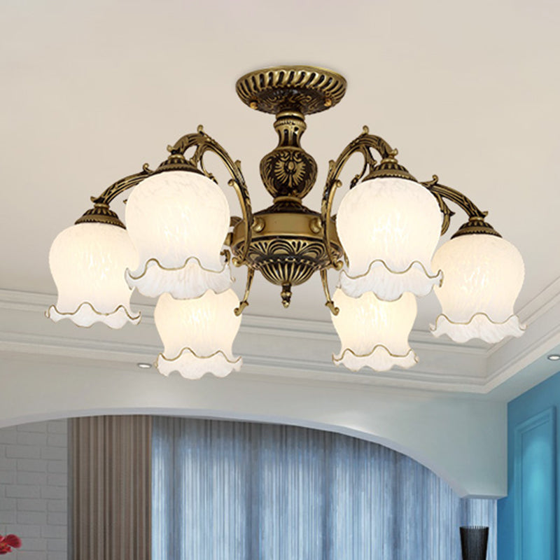 Frosted Glass Flush Mount Chandelier - Bud Shade, Classic Living Room Semi Flush Light Fixture