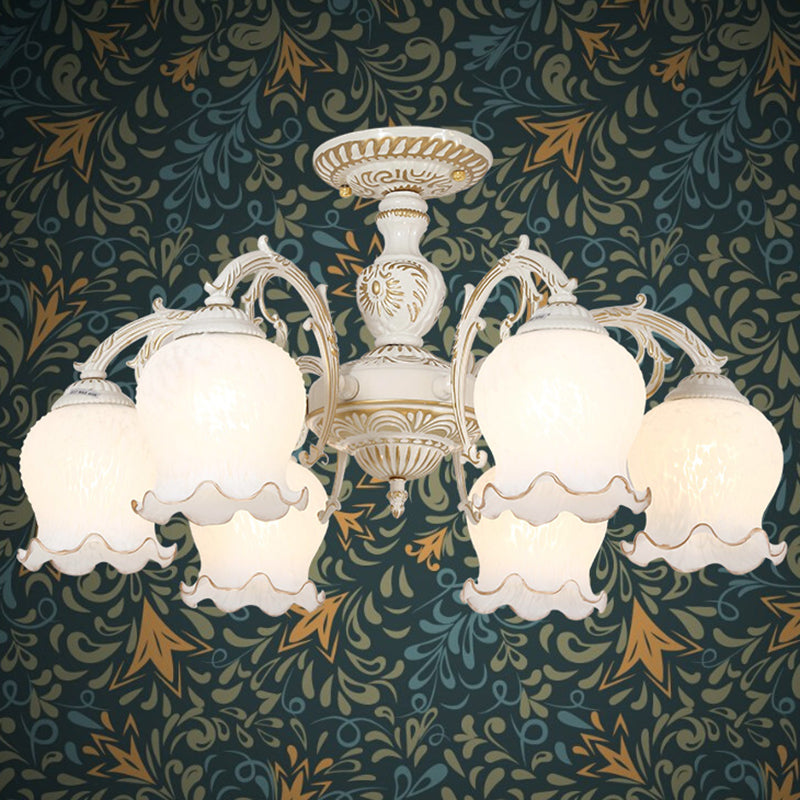 Frosted Glass Flush Mount Chandelier - Bud Shade Classic Living Room Semi Light Fixture