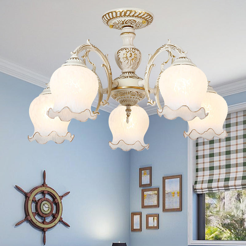 Frosted Glass Flush Mount Chandelier - Bud Shade, Classic Living Room Semi Flush Light Fixture