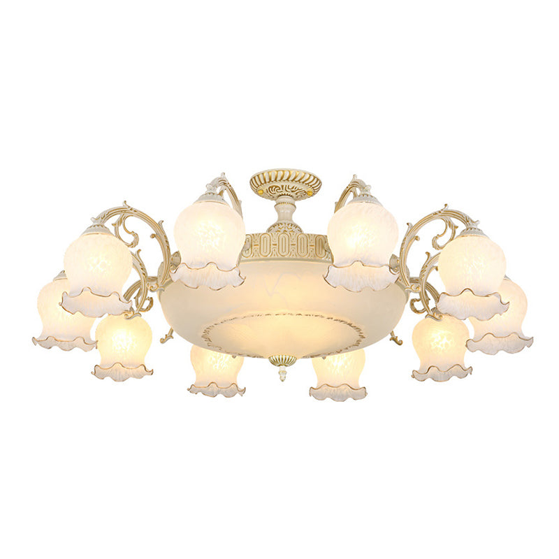 Frosted Glass Flush Mount Chandelier - Bud Shade Classic Living Room Semi Light Fixture 13 / White