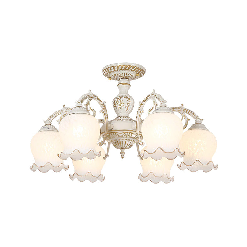 Frosted Glass Flush Mount Chandelier - Bud Shade Classic Living Room Semi Light Fixture