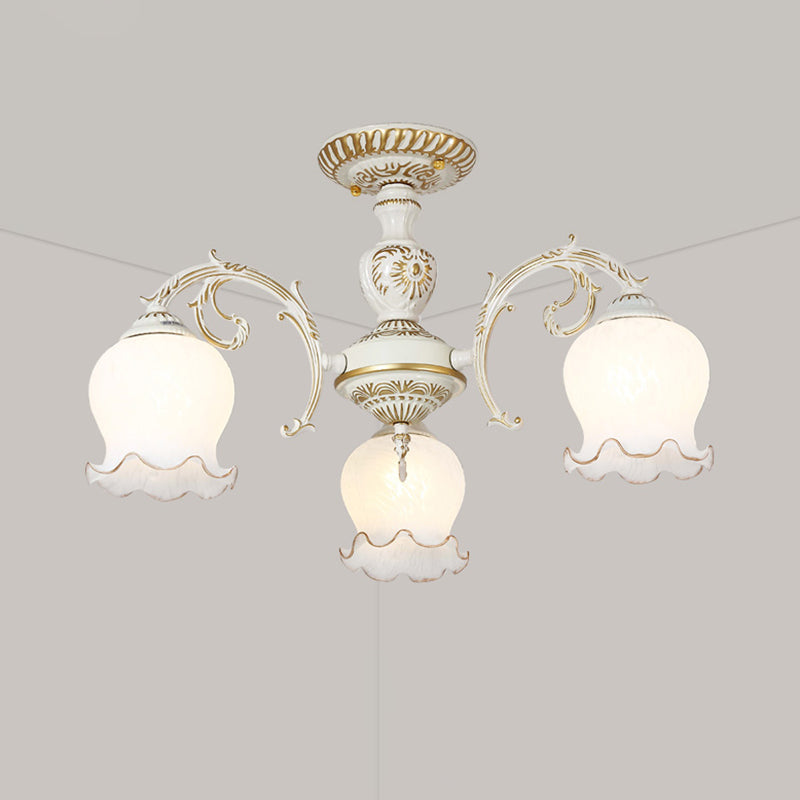 Frosted Glass Flush Mount Chandelier - Bud Shade Classic Living Room Semi Light Fixture 3 / White