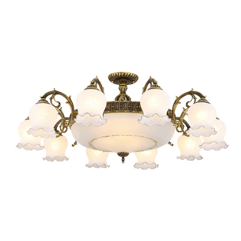 Frosted Glass Flush Mount Chandelier - Bud Shade Classic Living Room Semi Light Fixture 13 / Bronze