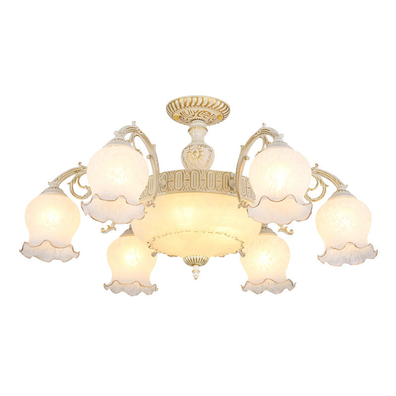 Frosted Glass Flush Mount Chandelier - Bud Shade, Classic Living Room Semi Flush Light Fixture