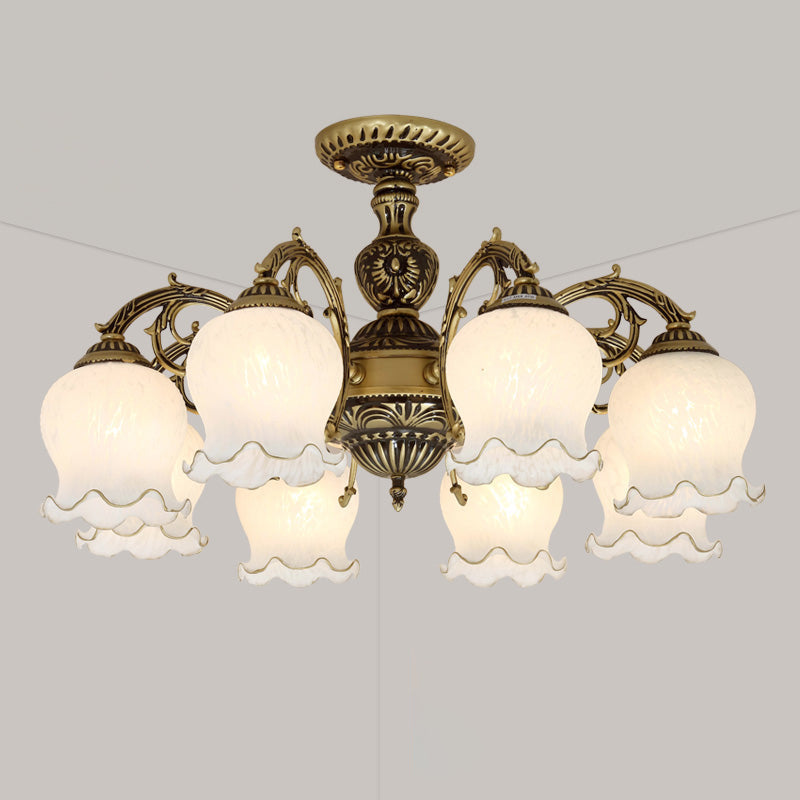 Frosted Glass Flush Mount Chandelier - Bud Shade Classic Living Room Semi Light Fixture 8 / Bronze