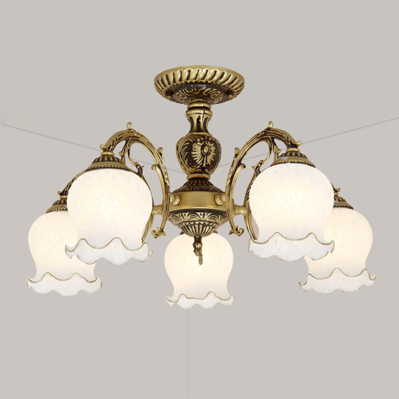 Frosted Glass Flush Mount Chandelier - Bud Shade, Classic Living Room Semi Flush Light Fixture