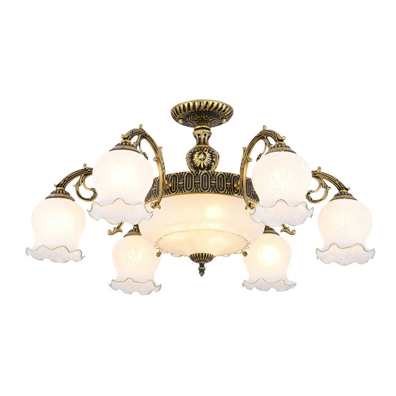 Frosted Glass Flush Mount Chandelier - Bud Shade Classic Living Room Semi Light Fixture 9 / Bronze