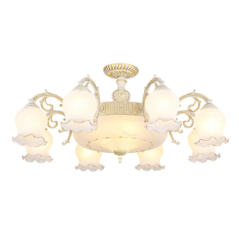Frosted Glass Flush Mount Chandelier - Bud Shade, Classic Living Room Semi Flush Light Fixture