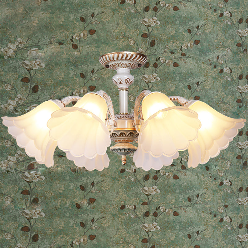 White Glass Floral Semi Flush Ceiling Chandelier with Scalloped Edge - Traditional Bedroom Mount