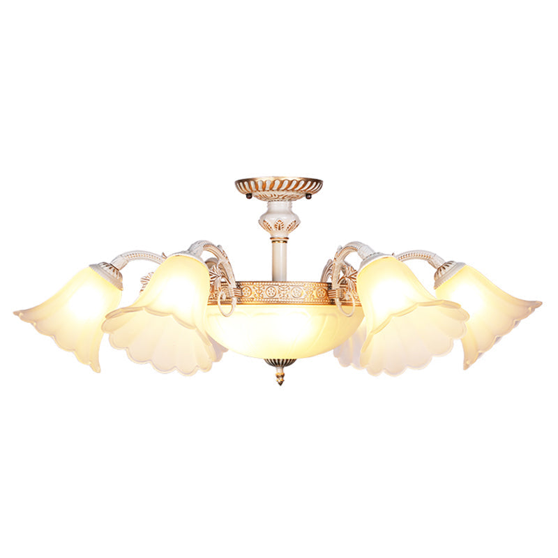 White Glass Floral Semi Flush Ceiling Mount Chandelier With Scalloped Edge - Traditional Bedroom