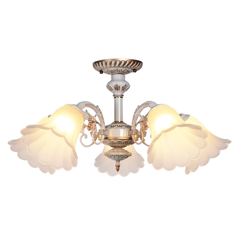 White Glass Floral Semi Flush Ceiling Mount Chandelier With Scalloped Edge - Traditional Bedroom