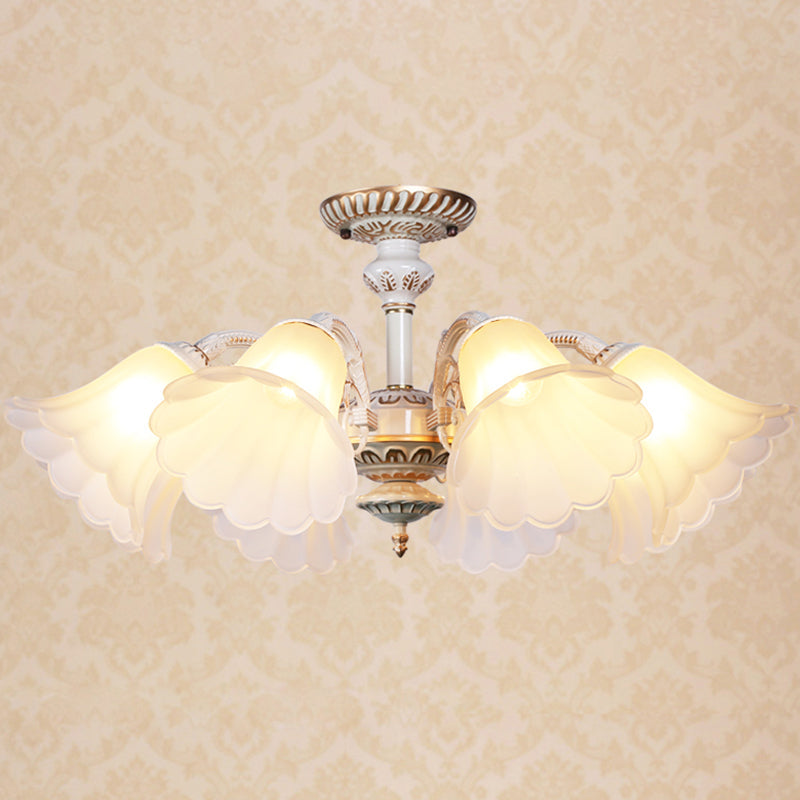 White Glass Floral Semi Flush Ceiling Mount Chandelier With Scalloped Edge - Traditional Bedroom