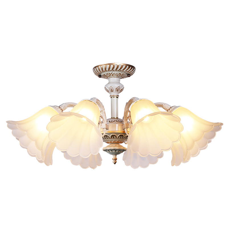 White Glass Floral Semi Flush Ceiling Chandelier with Scalloped Edge - Traditional Bedroom Mount