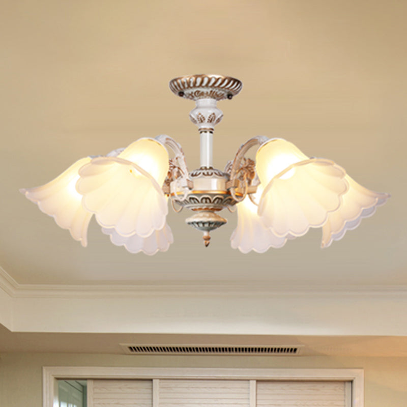 White Glass Floral Semi Flush Ceiling Chandelier with Scalloped Edge - Traditional Bedroom Mount