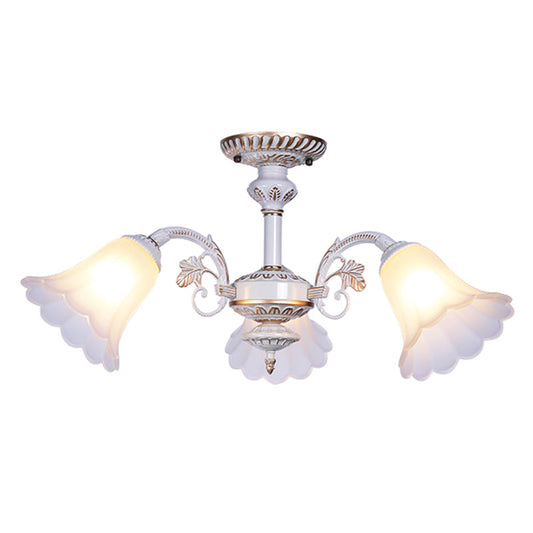 White Glass Floral Semi Flush Ceiling Chandelier with Scalloped Edge - Traditional Bedroom Mount