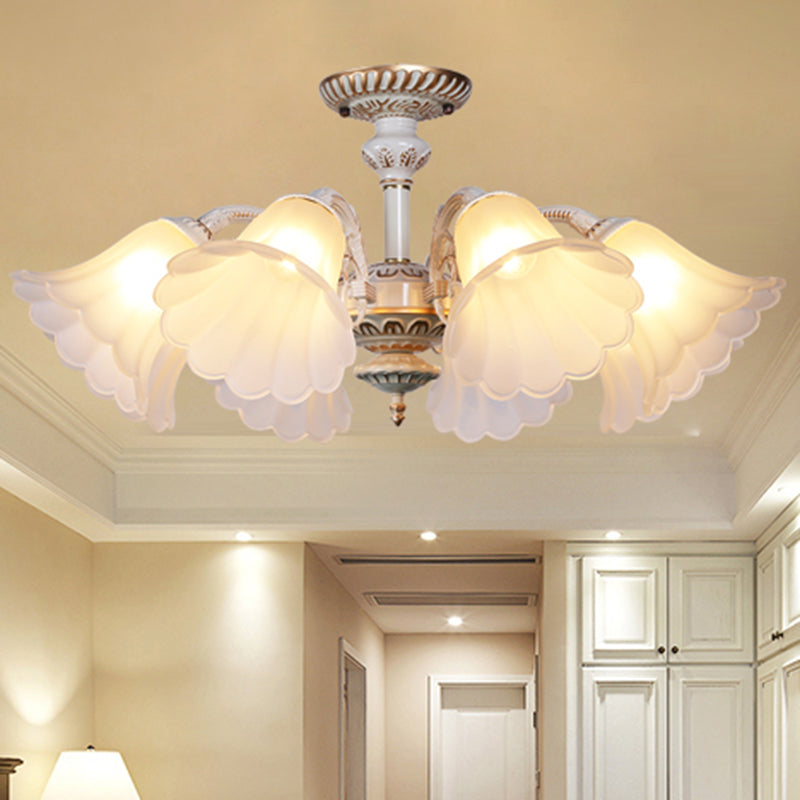 White Glass Floral Semi Flush Ceiling Chandelier with Scalloped Edge - Traditional Bedroom Mount