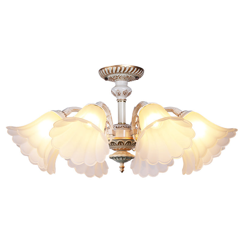 White Glass Floral Semi Flush Ceiling Mount Chandelier With Scalloped Edge - Traditional Bedroom