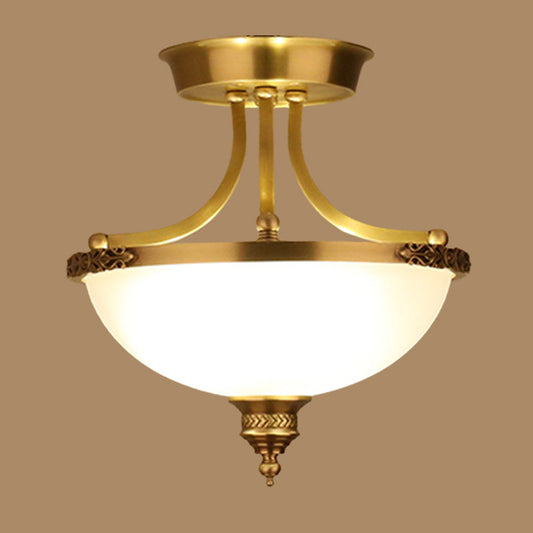 Vintage Frosted Glass Inverted Dome Pendant Chandelier - 3 Bulbs Gold