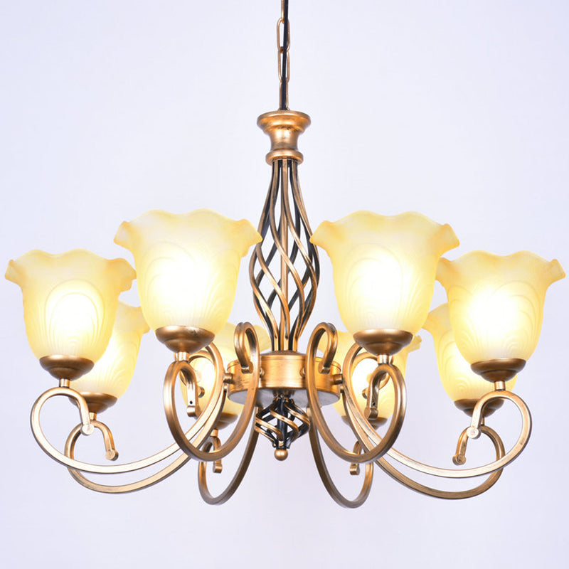 Ruffle Glass Floral Shade Chandelier For Classic Living Room Décor - Pendant Light With Scroll Arm 8
