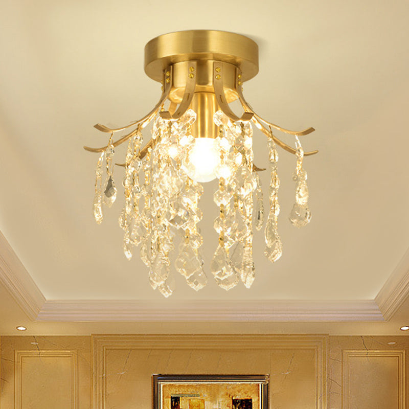 Sleek Raindrop Semi Flush Mount Ceiling Light: Postmodern Brass Fixture with Crystal Accent