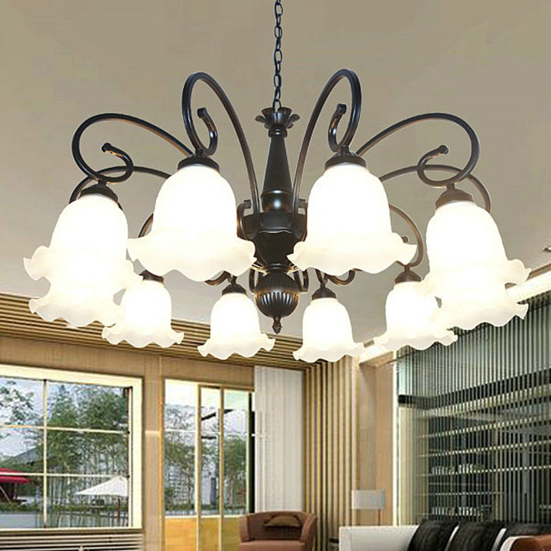 Vintage Black Ruffle Glass Floral Chandelier Pendant Light For Dining Room