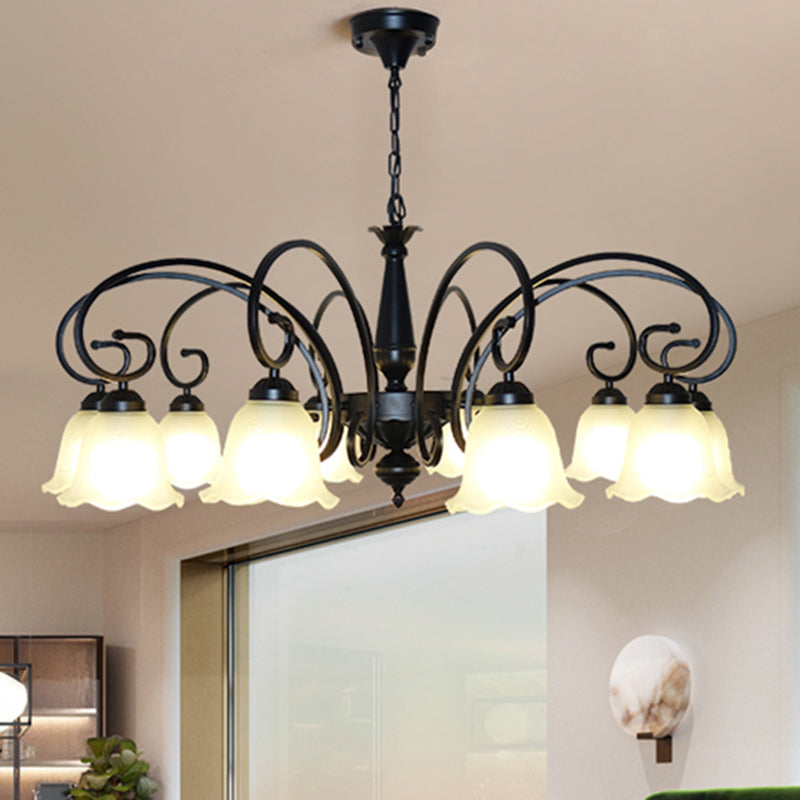 Vintage Black Ruffle Glass Floral Chandelier Pendant Light For Dining Room