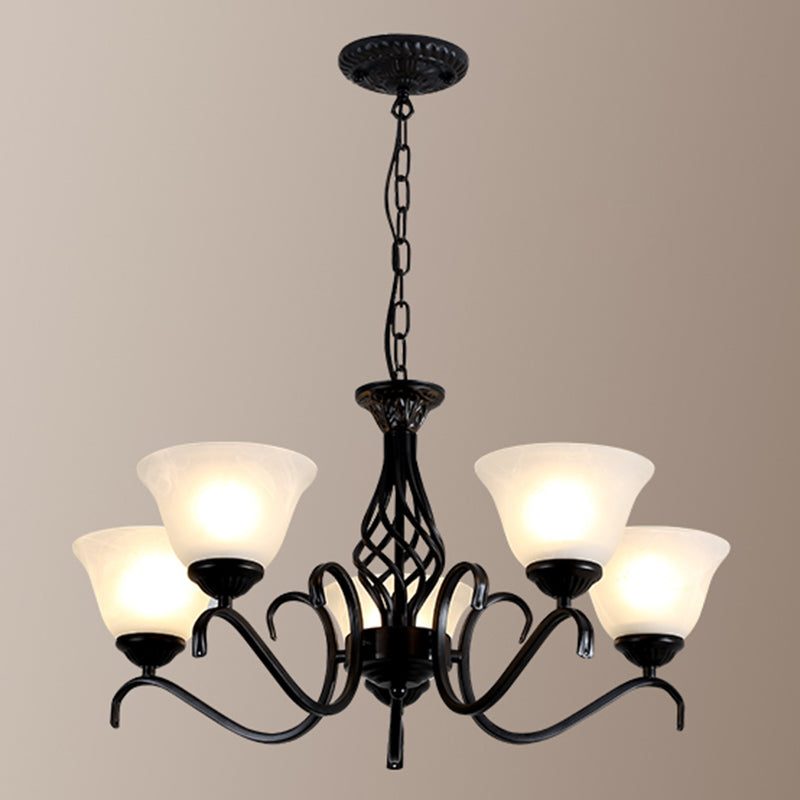 Vintage Bell Chandelier With Ruffle Glass Pendant Light Fixture For Dining Room