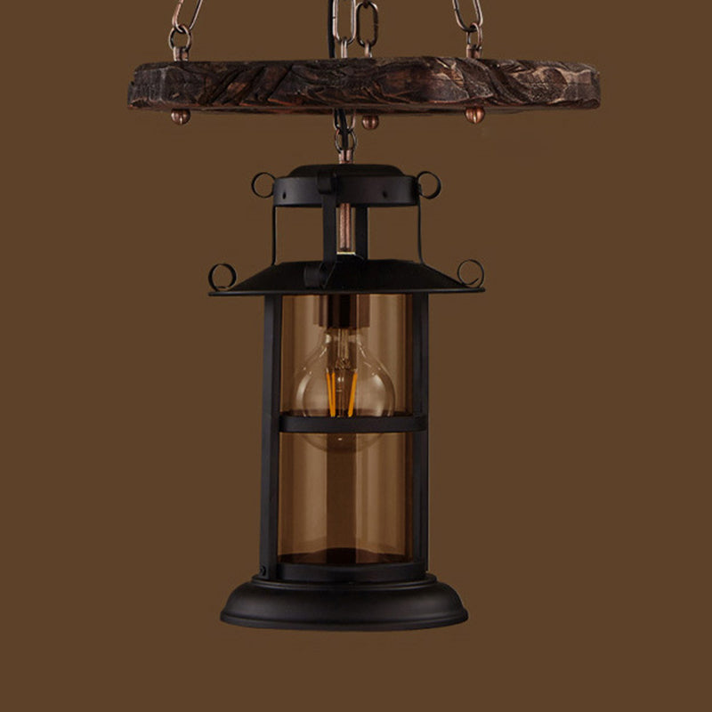 Suspension lanterne vintage en bois vieilli avec verre transparent pour restaurants