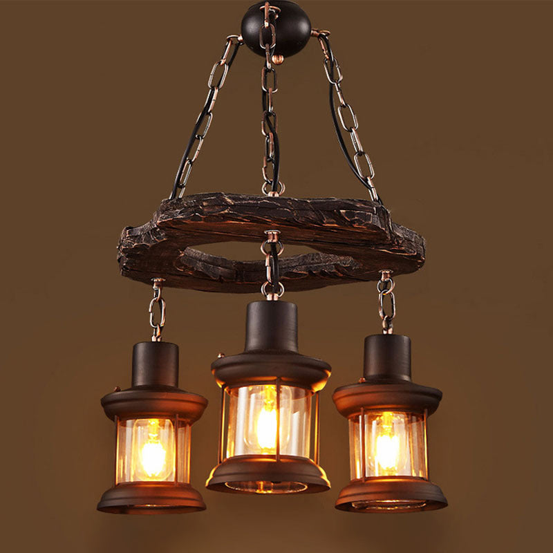Suspension lanterne vintage en bois vieilli avec verre transparent pour restaurants
