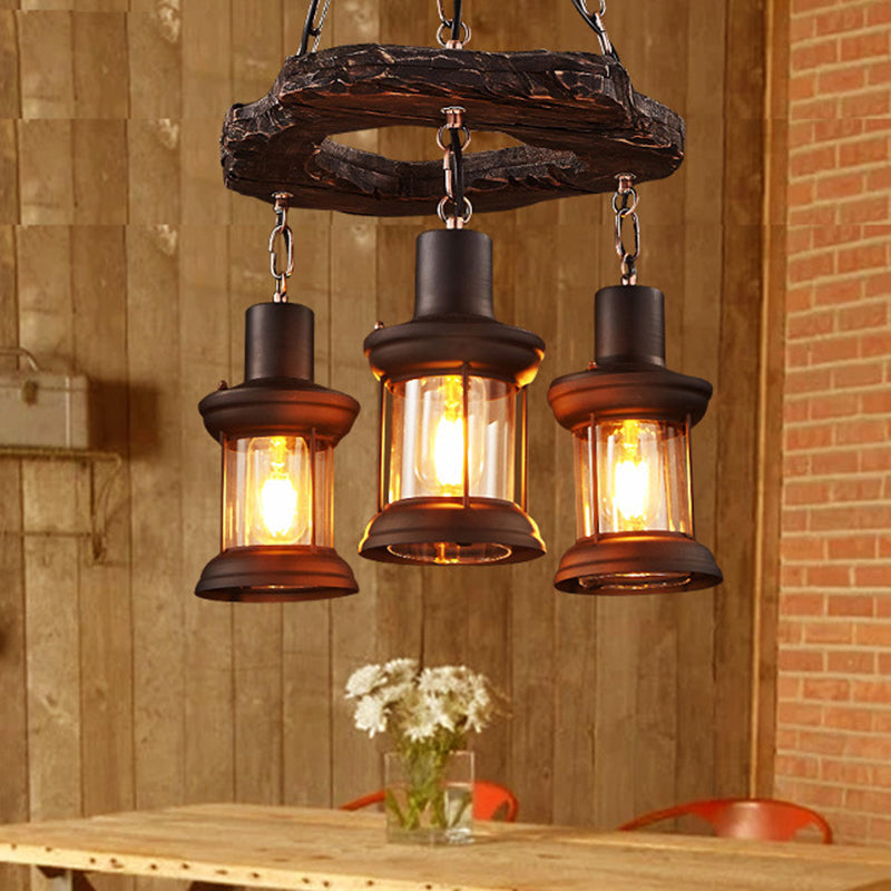 Suspension lanterne vintage en bois vieilli avec verre transparent pour restaurants
