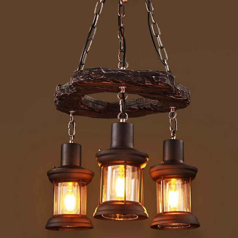 Suspension lanterne vintage en bois vieilli avec verre transparent pour restaurants