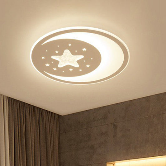 Metallic Led Flush Mount Ceiling Light For Kids Bedroom Modern White Crescent And Star Design