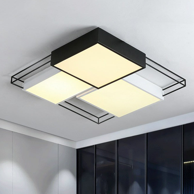 Nordic Metal LED Flush Ceiling Light Fixture with Black and White Square Splicing Design