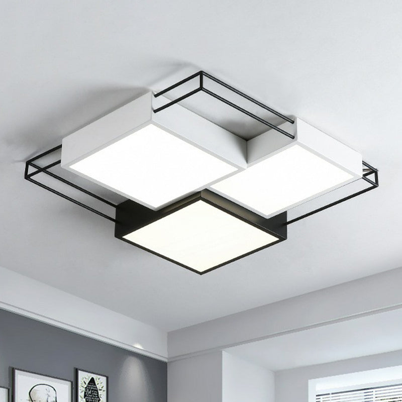 Nordic Metal LED Flush Ceiling Light Fixture with Black and White Square Splicing Design