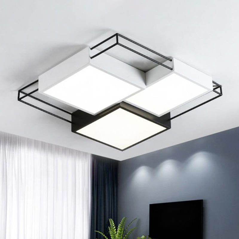 Nordic Metal LED Flush Ceiling Light Fixture with Black and White Square Splicing Design