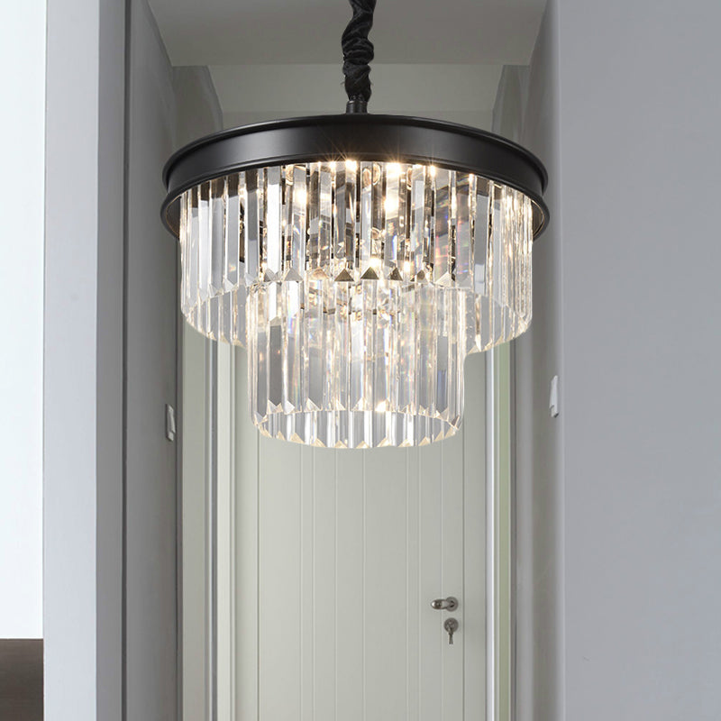 Postmodern Clear Crystal Glass Tiered Ceiling Chandelier Light, 9/12 Lights, Black, 16"/23" Wide