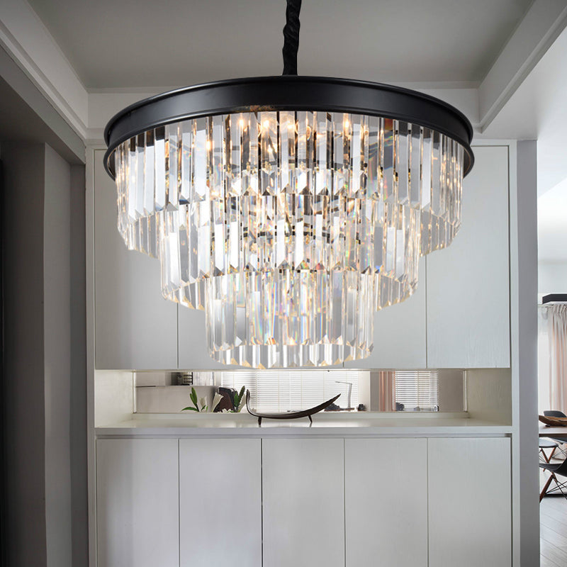 Postmodern Clear Crystal Glass Tiered Ceiling Chandelier Light, 9/12 Lights, Black, 16"/23" Wide