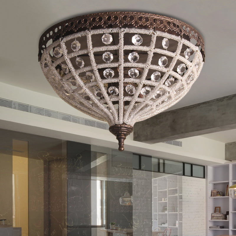 Vintage Bronze Bedroom Ceiling Light with Crystal Basket Shade - 2 Lights